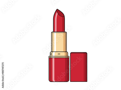 Stylized illustration of an open red lipstick tube with its cap beside it