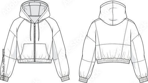 Technical fashion of a cropped zip-up hoodie with a drawstring hood and ribbed cuffs and hem presented in front and rear elevations