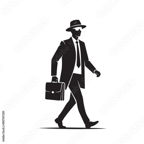 Businessman walking with briefcase in modern minimalist style with high contrast black and white lighting for corporate branding