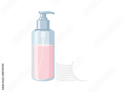 Pink liquid dispenser bottle next to a stack of white cotton pads
