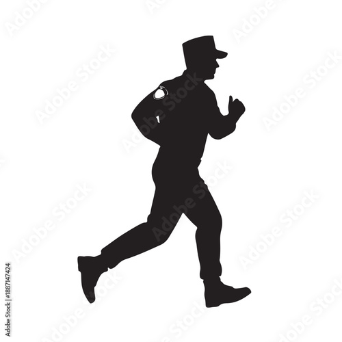 Silhouette of man running in hat and casual wear in dynamic motion with dark tone on white background for fitness advertising