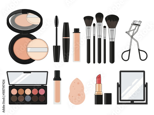 Assortment of cosmetic items including powder compact mascara foundation brushes curler eyeshadow palette lipstick and mirror