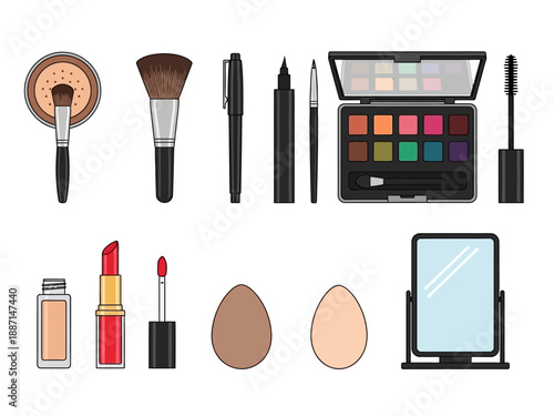 Assortment of makeup items including brushes palettes lip products and mirror