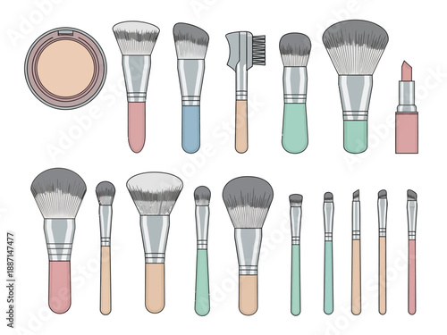 Collection of assorted makeup brushes and a compact powder case