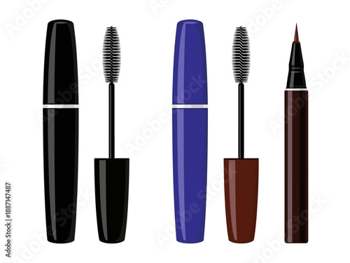 Assortment of three makeup applicators two mascaras and one eyeliner