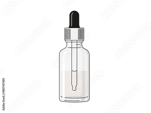 Clear glass dropper bottle with light liquid contents and black bulb