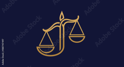 Elegant Abstract Gold Scale Of Justice Symbol Over a Modern Dark Blue Background