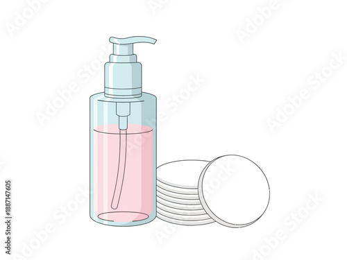 Illustration of a pump dispenser bottle with pink liquid and stacked cotton pads