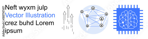 Technology, artificial intelligence, machine learning, data networks, digital processing, innovation. Brain in a chip, network connections data growth arrows. Artificial intelligence and technology