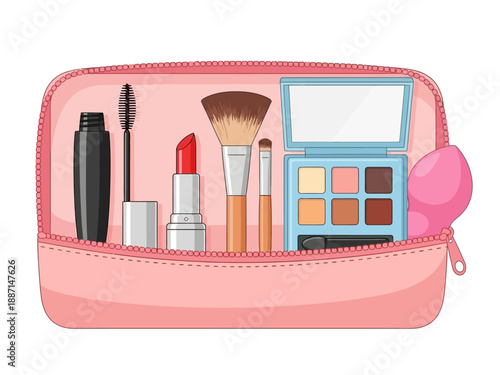 Pink makeup bag open filled with mascara lipstick brushes and eyeshadow palette