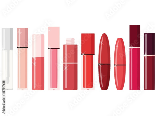 Row of ten assorted lip cosmetic products in shades of pink red and clear