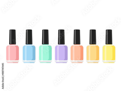 Six pastelcolored nail polish bottles in a row
