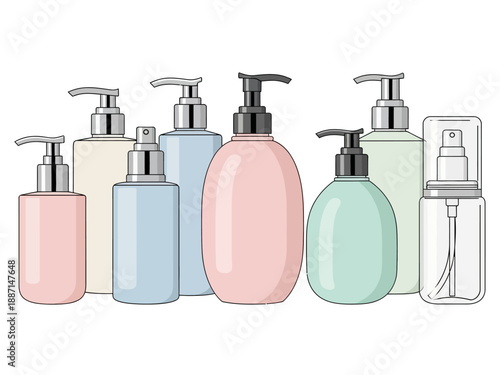 Row of various cosmetic dispensing bottles with different tops