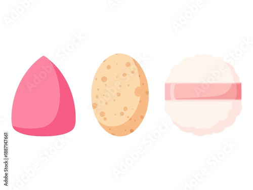 Three makeup applicators a pink sponge a beige porous oval and a powder puff