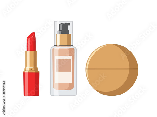 Three makeup products red lipstick liquid foundation bottle and compact powder
