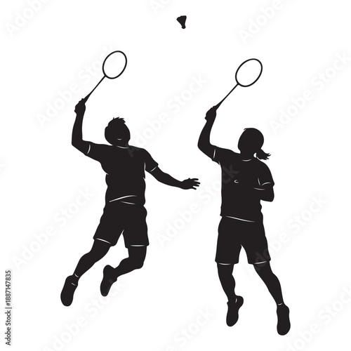 Monochrome Vector Silhouette of Badminton Players in Action