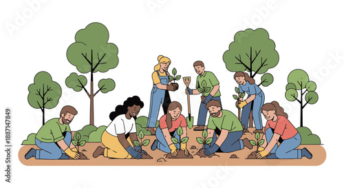 Diverse group of people planting trees and gardening together.