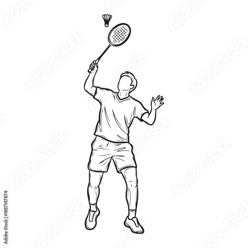 Black Line Art Illustration of Badminton Player Hitting Shuttlecock in Action