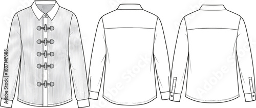 Technical fashion flat of a white striped long-sleeved shirt with unique toggle button closure presented from front, back, and side views