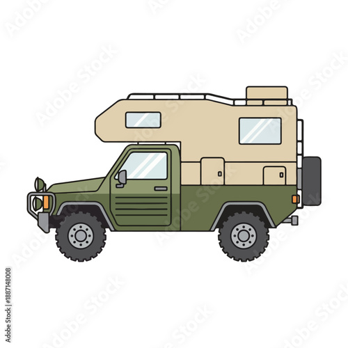 Green truck with camper for outdoor adventures and travel