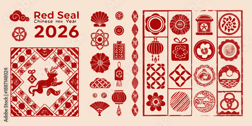 Red seal chinese new year 2026 design with traditional decorative elements