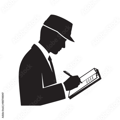 Silhouette of man in fedora hat writing on clipboard in black and white minimalist style for detective or investigator