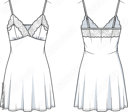 White lace-trimmed camisole slip dress with spaghetti straps and a flared skirt presented in front and back view fashion