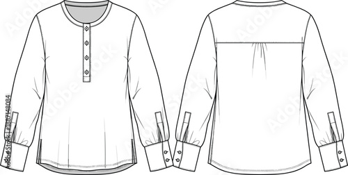 White long sleeve henley shirt with button placket and gathered cuffs shown from front and back views