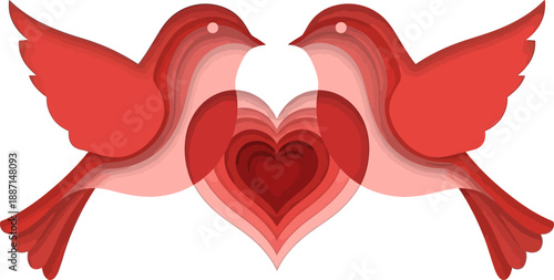 Two red birds facing each other with paper art heart shape in between them
