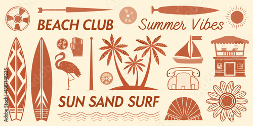 A retro beach club illustration featuring summer icons and typography