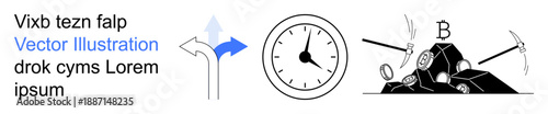 Cryptocurrency, finance, blockchain, decision-making, time management, data analysis. Pickaxes mining Bitcoin, a clock and directional arrows. Cryptocurrency and blockchain finance concept