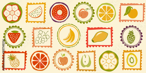 Colorful fruit stamps arranged in rows and columns on a light background