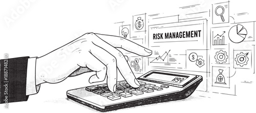 Business person's hand using calculator for risk management analysis with financial charts and icons symbolizing strategy