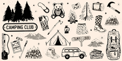A charming collection of hand drawn camping elements and outdoor adventure illustrations