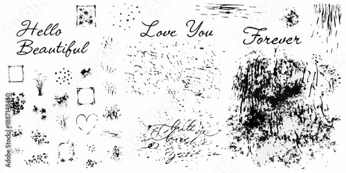 Vintage aesthetic with handwritten text hearts and abstract ink blot shapes