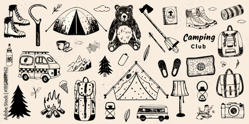 A charming collection of hand drawn camping and outdoor adventure illustrations