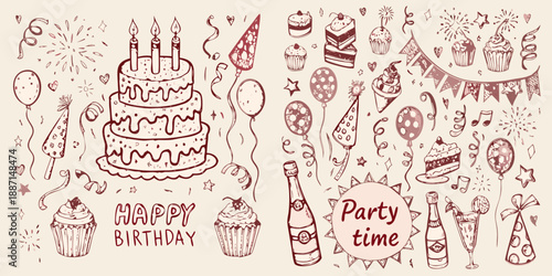 A whimsical sketch of birthday decorations including cakes balloons and festive elements