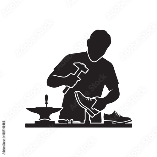 Blacksmith shaping metal shoe in silhouette with dramatic lighting on white background for industrial design
