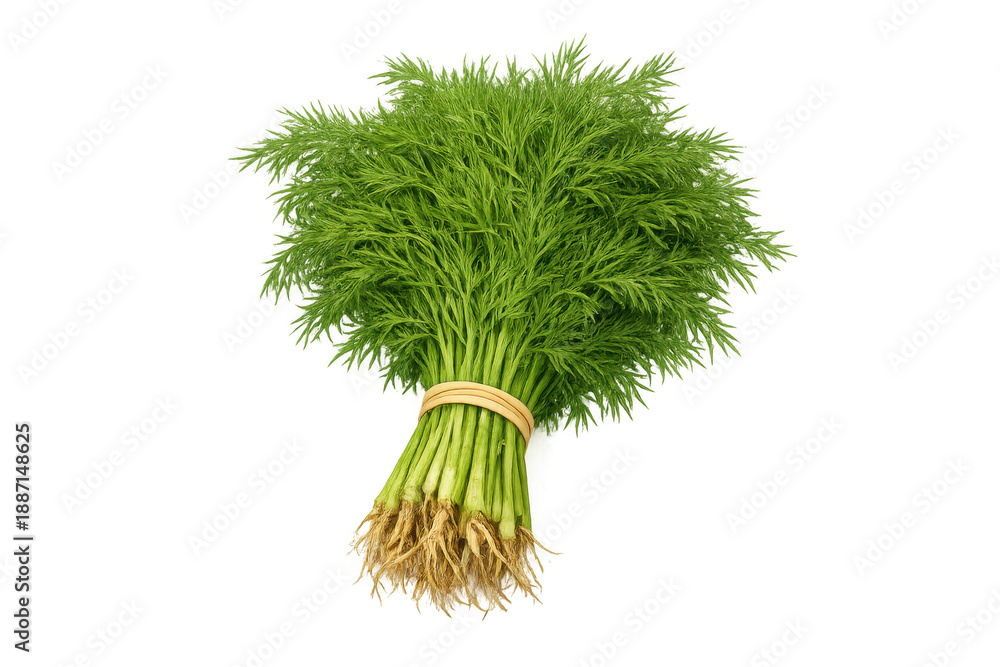 Fototapeta premium Fresh green dill bunch tied together with roots, highlighting cooking, seasoning, and healthy organic herb ingredients on a transparent background
