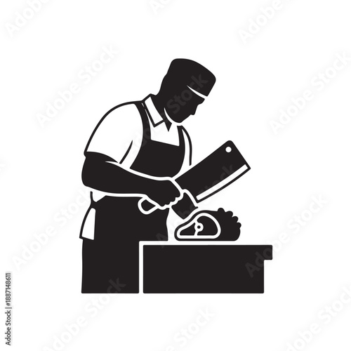 Butcher cutting meat in monochrome silhouette with sharp knife on wooden board for culinary illustration
