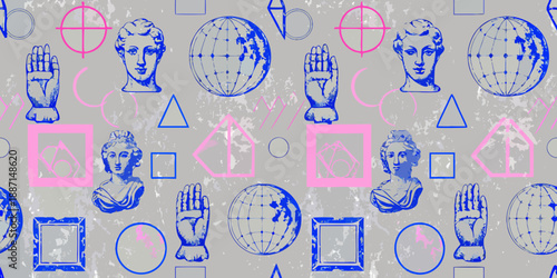 Classical sculpture geometric shapes and globes in a repeating pattern design