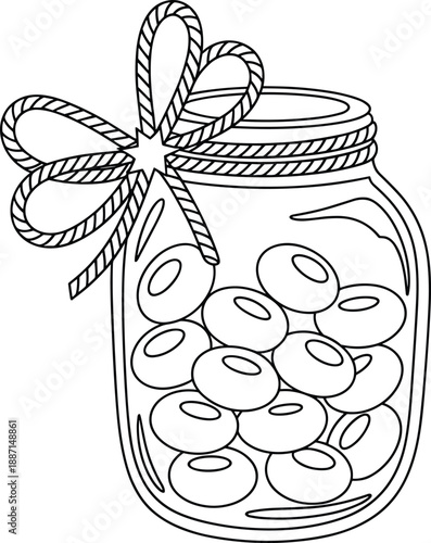Hand Drawn Mason Jar Filled with Olives Line Art Illustration Featuring a Decorative Rope Bow for Mediterranean Food Packaging and Organic Kitchen Decor
