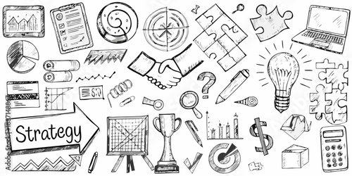 Hand drawn business strategy concepts with charts graphs and teamwork icons