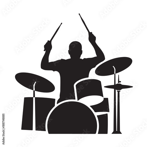 Drummer Silhouette in Dynamic Pose with Drumsticks in High Contrast Black and White for Music Industry