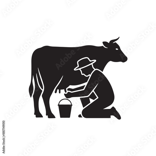 Farmer Milking Cow Silhouette in Simple Black Illustration on White Background for Agricultural Use