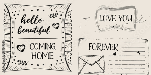 Hand drawn lettering with love notes hearts and envelope sketches