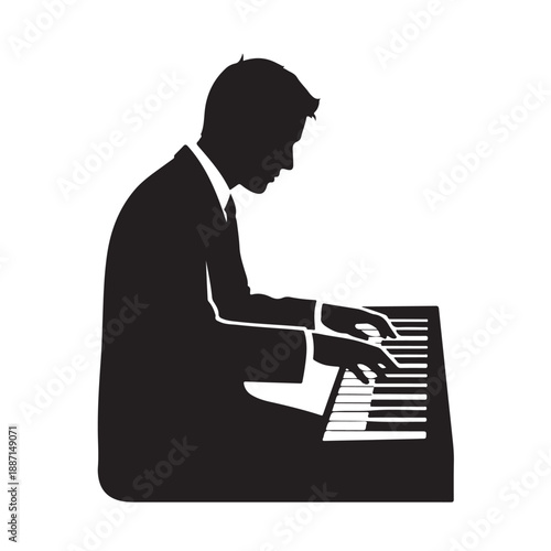 Man Playing Piano in Silhouette with Dramatic Lighting on White Background for Music Industry