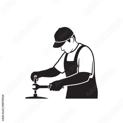 Mechanic repairing machinery in monochrome illustration with bold lines and stark lighting for industrial design