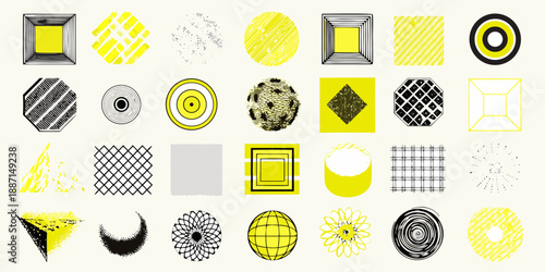 Abstract yellow and black geometric patterns arranged in a grid formation