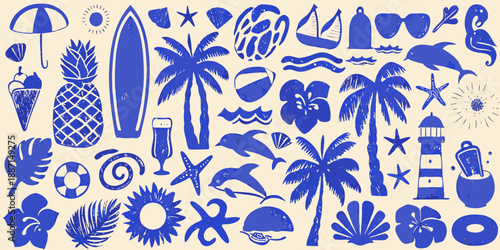 A collection of blue summer icons surfboards palm trees and beach essentials